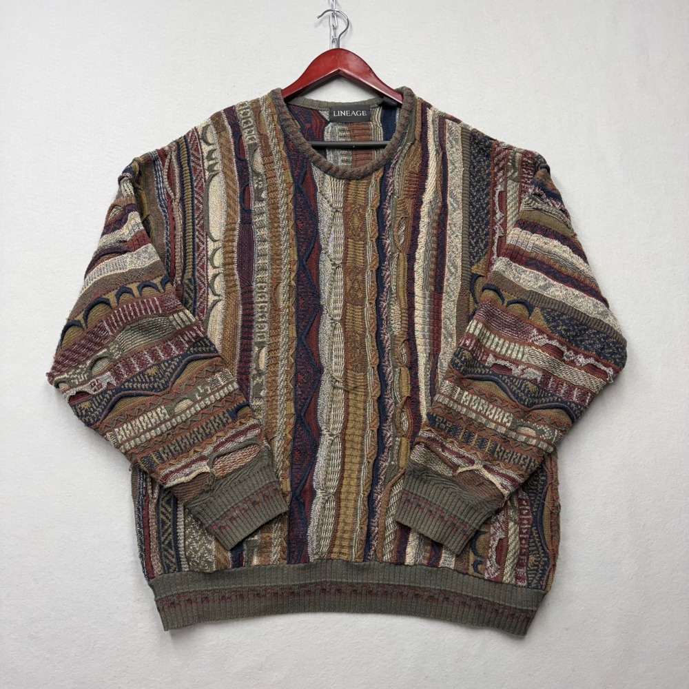 Lineage Sweater XL Multi-Color Vintage 90s Distressed 3D Textured Knit Retro